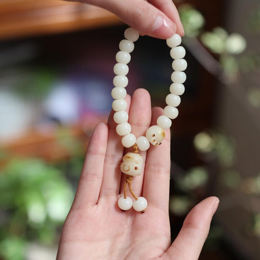 White Jade Bodhi Root Bracelet, Fired Cat Paw Bodhi Seed Bracelet, High Polished Single Circle Buddha Beads, Cultural Game Prayer Beads