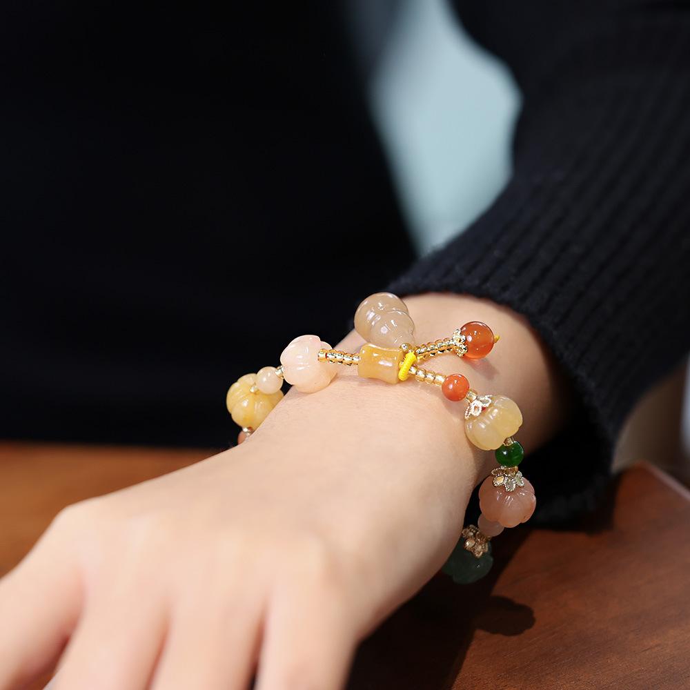Natural Xinjiang Golden Silk Jade Bracelet for Best Friends and Couples, Ethnic Style Pumpkin Beads, Bamboo Knot, Straight Hole Gourd Jade Bracelet