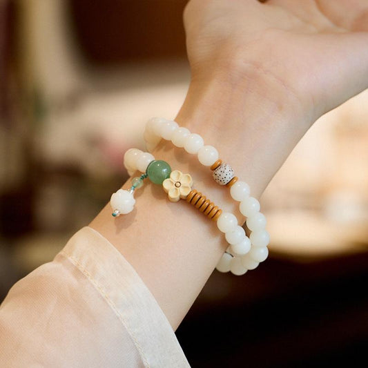 Natural White Jade Bodhi Bracelet Wealth Flower Green Dongling Bodhi Double Circle Cultural Play Bracelet Buddhist Beads Prayer Beads Bracelet