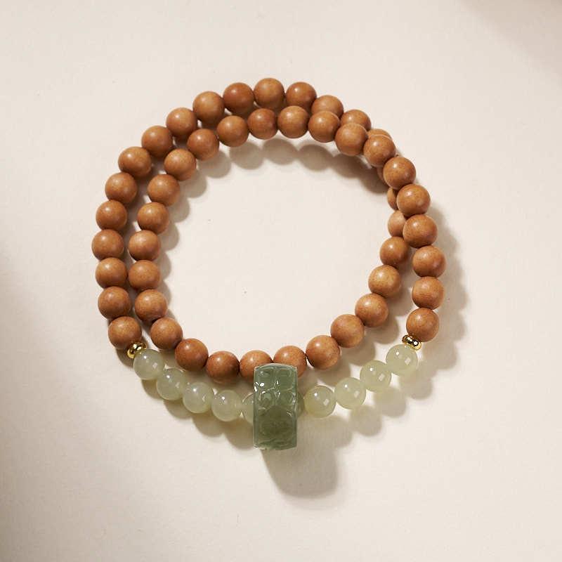 Shanxi New Chinese Style Retro Green Mountain Jade Bracelet for Women, Clear Water Hetian Jade Running Ring Double Circle Milk Fragrance Barbie Sandalwood Bracelet