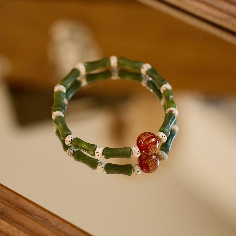 Natural Olive Jade Bamboo Knot Bracelet for Women, One Leaf Wealth Lily of the Valley Hetian Jade Bracelet, Gift for Best Friend