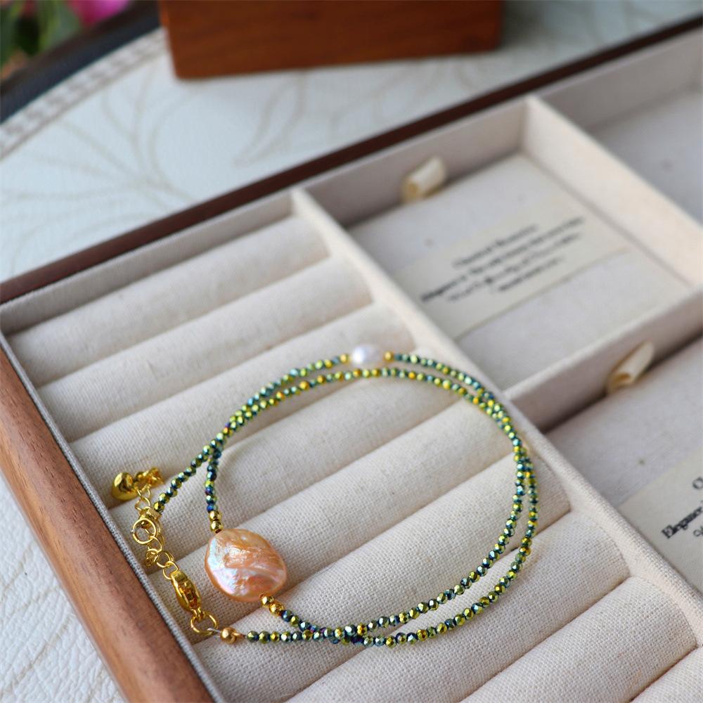 Design Simple Natural Lapis Lazuli Malachite Freshwater Petal Pearl Necklace Ultra-fine Layered Collarbone Chain Necklace