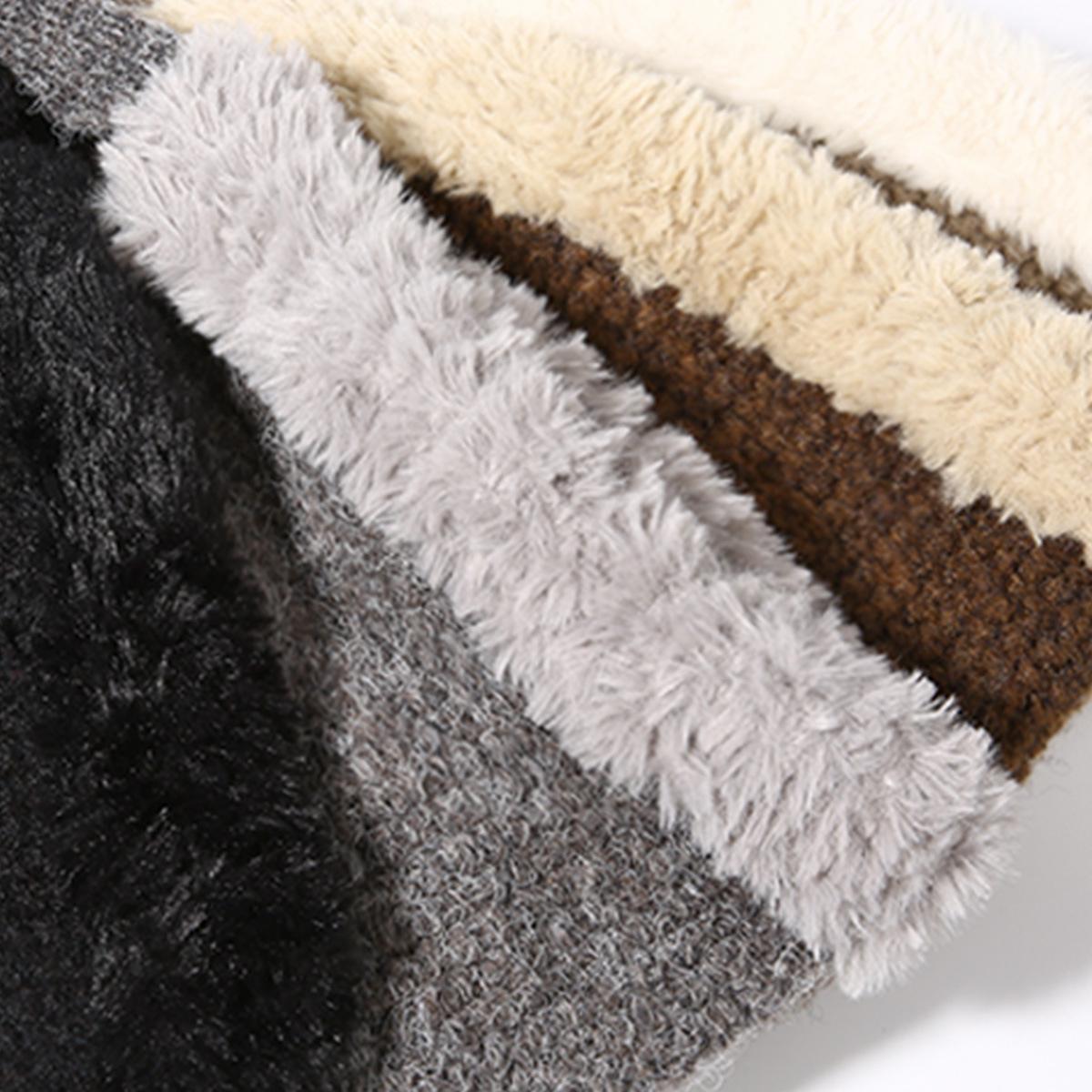 Autumn Winter Fluffy Ear Protection Knitted Hat for Women Large Head Circumference Cold-Proof Warm Wool Hat Color-Block Tie Head Wrap Hat