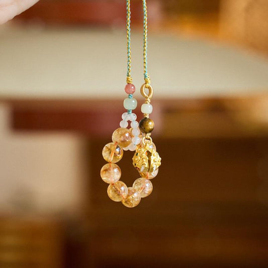 Natural Yellow Acai Crystal Pendant Prosperous Future Wealth Tiger Head Bell Car Pendant Bag Pendant Keychain