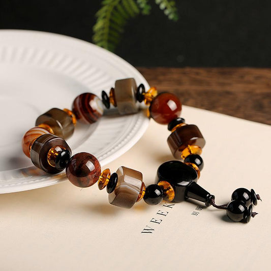Original Natural Silk Wrapped Old Agate Bracelet Domineering Single Circle Men's Abacus Bead Bracelet Ethnic Style Gift Jewelry