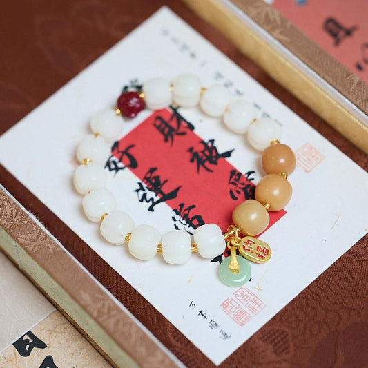 Lingyin Blessing Natural White Jade Bodhi Pumpkin Bracelet Good Luck Cinnabar Lotus Bracelet Temple Same Style Gift