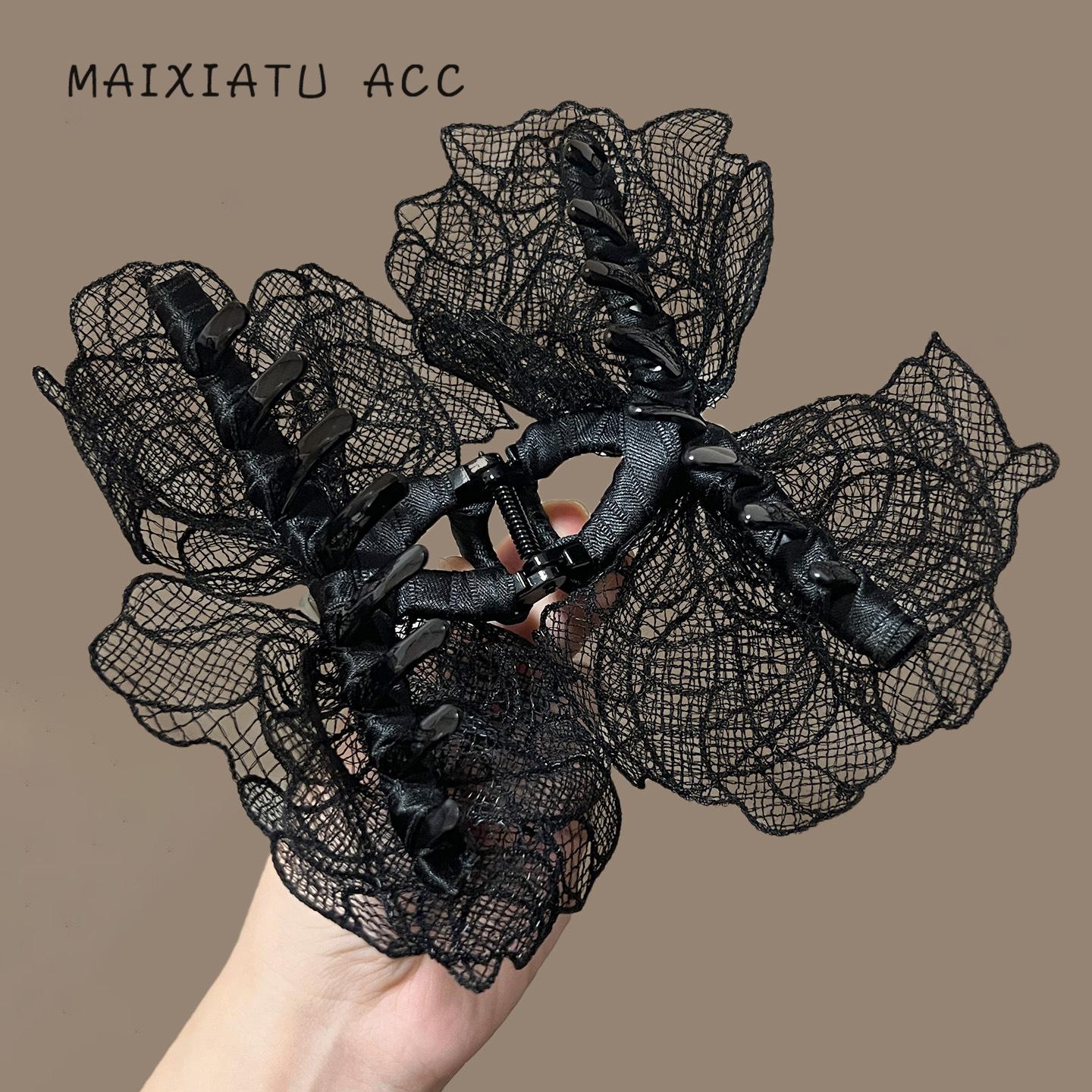 Lannuo Black Lace Trim Bow Hair Clip Simple French Elegant Back of Head Shark Clip Large Claw Clip