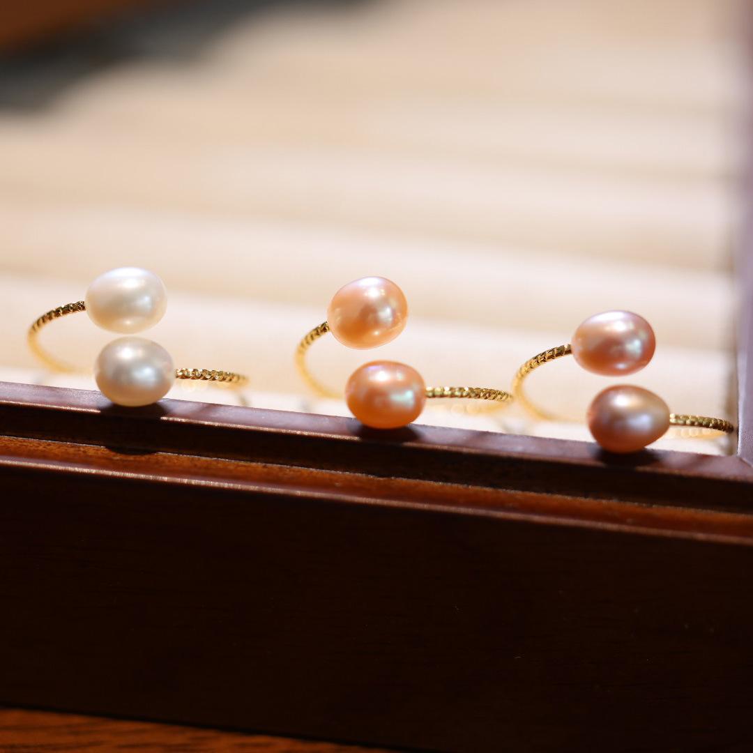 French Elegant Natural Freshwater Pearl Ring for Women, Three-Color Pearl Adjustable Index Finger Ring, Light Luxury Gentle Style