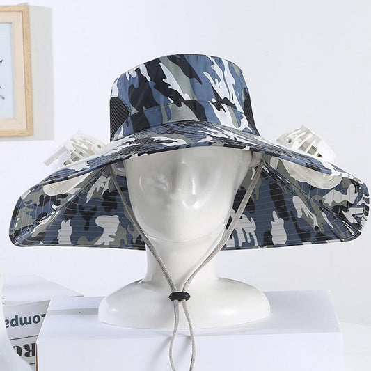 Men's Summer Wide Brim Dual Fan USB Rechargeable Fan Hat Adult Outdoor Sunshade Sun Protection Fishing Work Hat