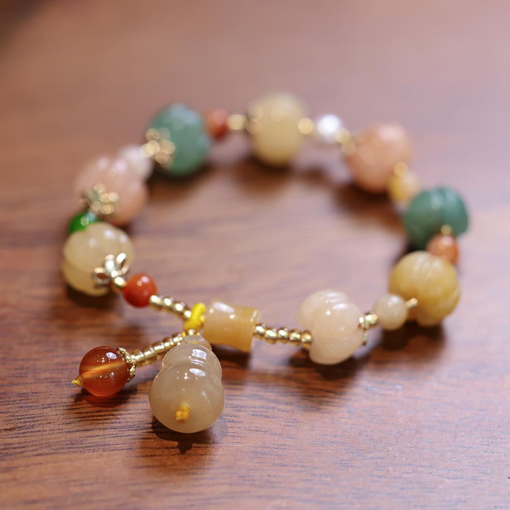Natural Xinjiang Golden Silk Jade Bracelet for Best Friends and Couples, Ethnic Style Pumpkin Beads, Bamboo Knot, Straight Hole Gourd Jade Bracelet