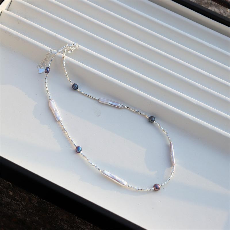 Elegant Design Light Luxury Minimalist Style Broken Silver Irregular Freshwater Pearl Small Silver Bar Handmade Beaded Necklace