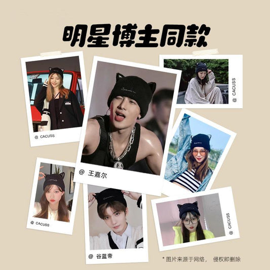 Knitted Hat for Women, Autumn and Winter New Korean Trendy Brand Wool Hat, Cat Ear Hat, Fashionable Knitted Hat, Casual Versatile