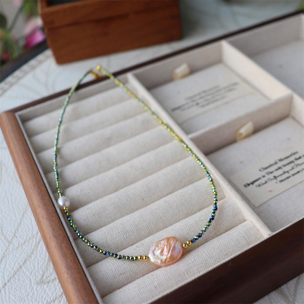Design Simple Natural Lapis Lazuli Malachite Freshwater Petal Pearl Necklace Ultra-fine Layered Collarbone Chain Necklace