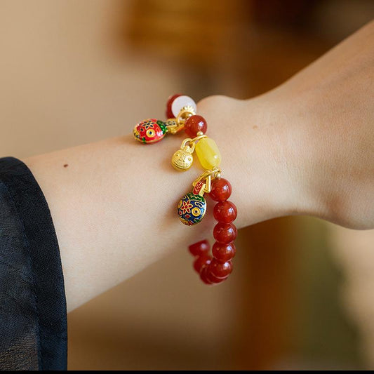 New Chinese Style Natural Red Agate Gold-Plated Beast Bracelet for Women, Zodiac Year Retro Style Beaded Jewelry Gift