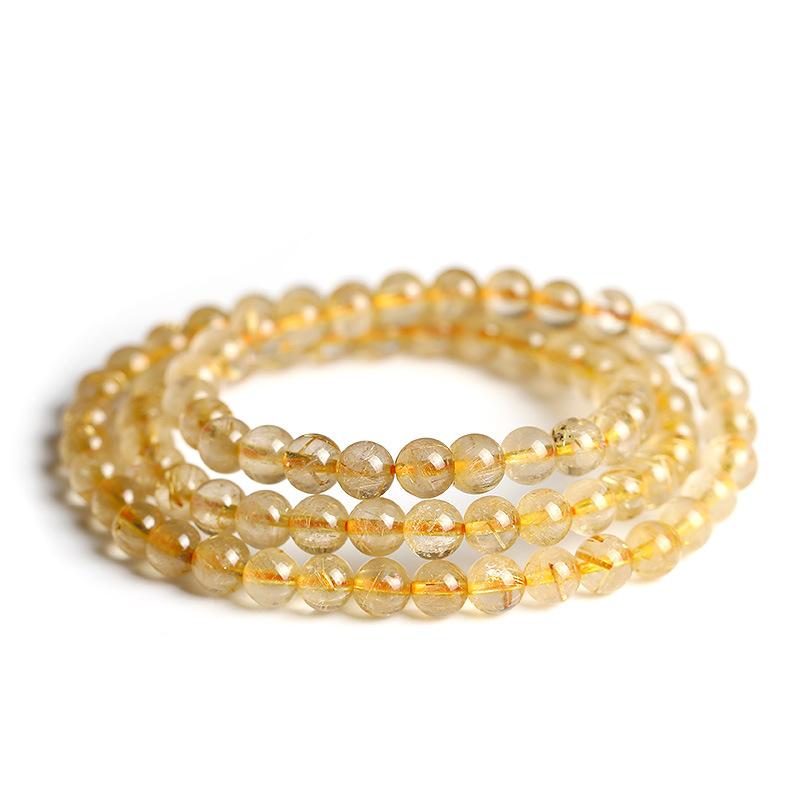 Natural Golden Rutilated Quartz Bracelet Wrapped 3 Times 6mm Golden Rutilated Quartz Multi-Wrap Bracelet Titanium Quartz Bead Bracelet Crystal Round and Full