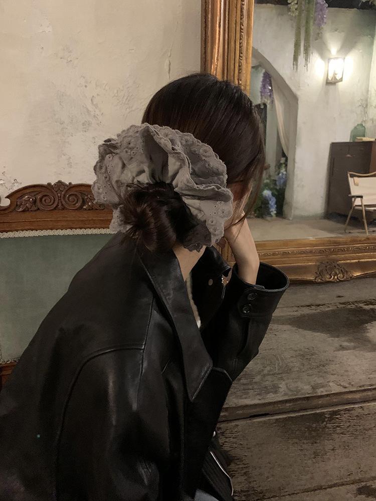 Gray Flower~ Extra Large Lace Scrunchie High-End Feel Large Scrunchie Women's Hair Tie Hair Accessory Korean Hair Ornament