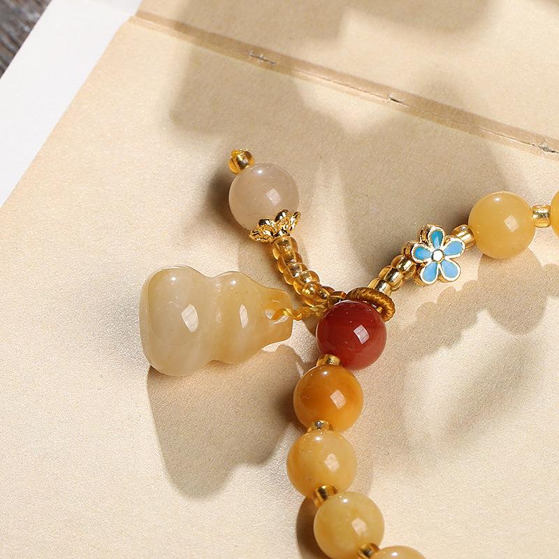 Natural Xinjiang Golden Silk Jade Yellow Bracelet Best Friend Gift Small Gourd Tassel Women's Round Bead Jade Bracelet