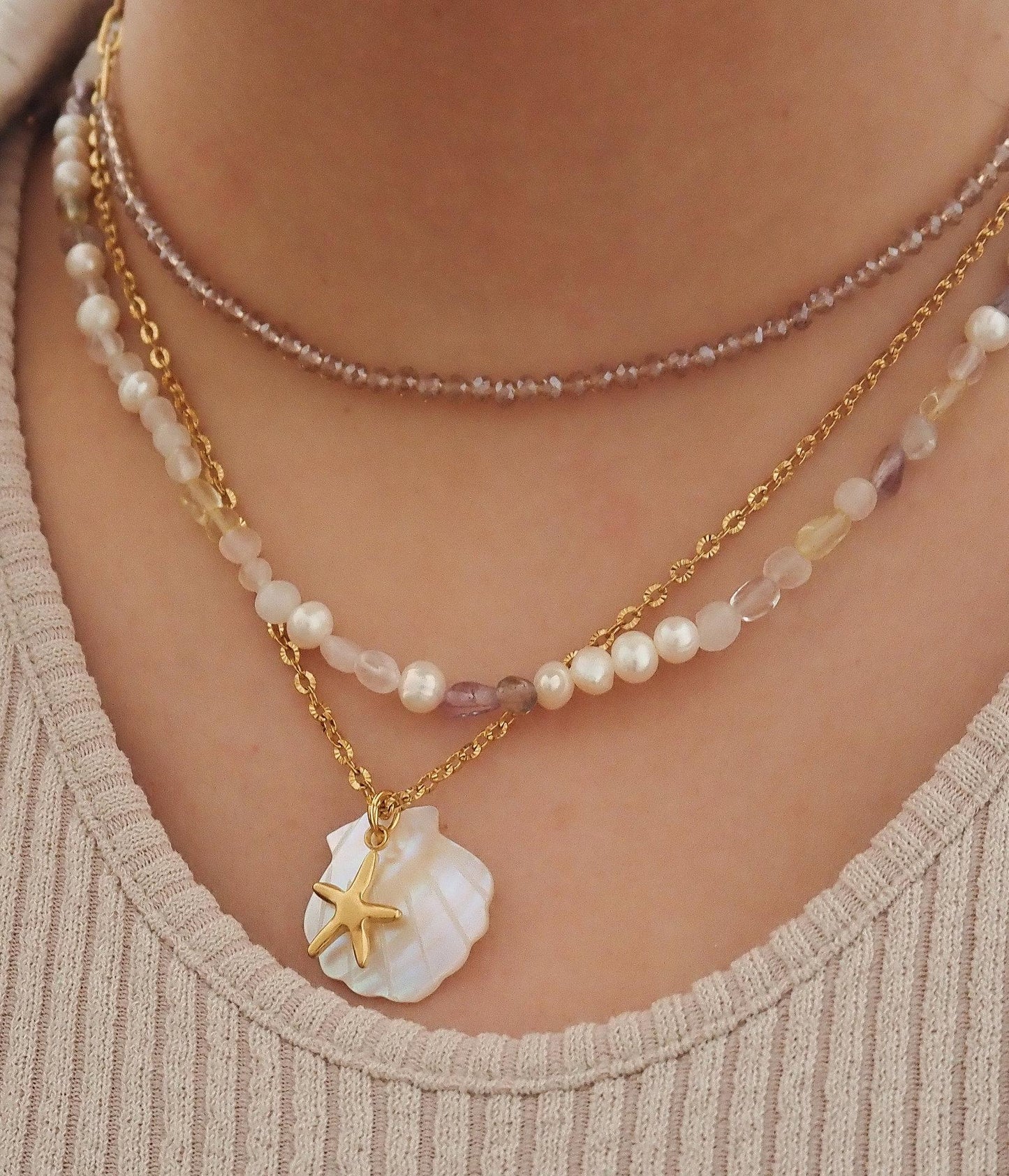 Titanium Steel High Color Retention European and American Beach Starfish Necklace Summer Style Conch Pendant Shell DIY Necklace 18K Gold Plated