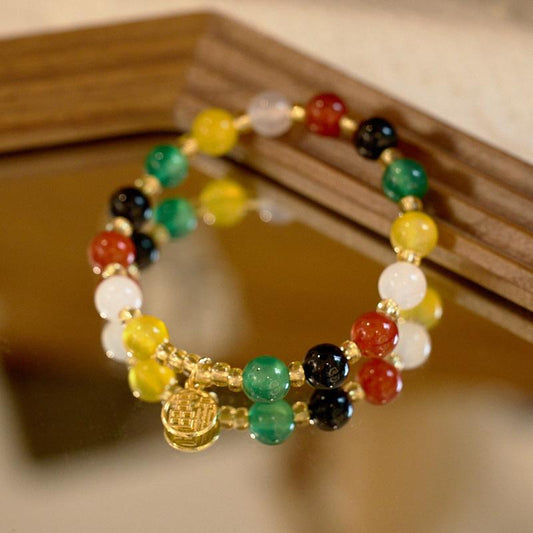 Natural 8MM Agate Bracelet Five Blessings Good Luck Multicolored Agate Beads Temple Scenic Spot Bracelet Gift