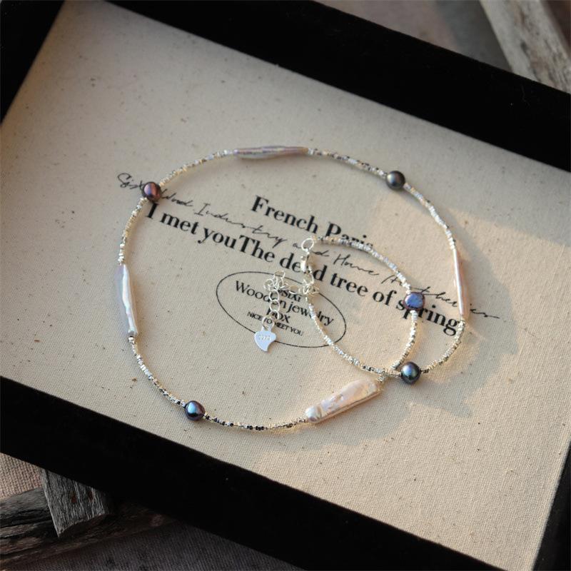 Elegant Design Light Luxury Minimalist Style Broken Silver Irregular Freshwater Pearl Small Silver Bar Handmade Beaded Necklace