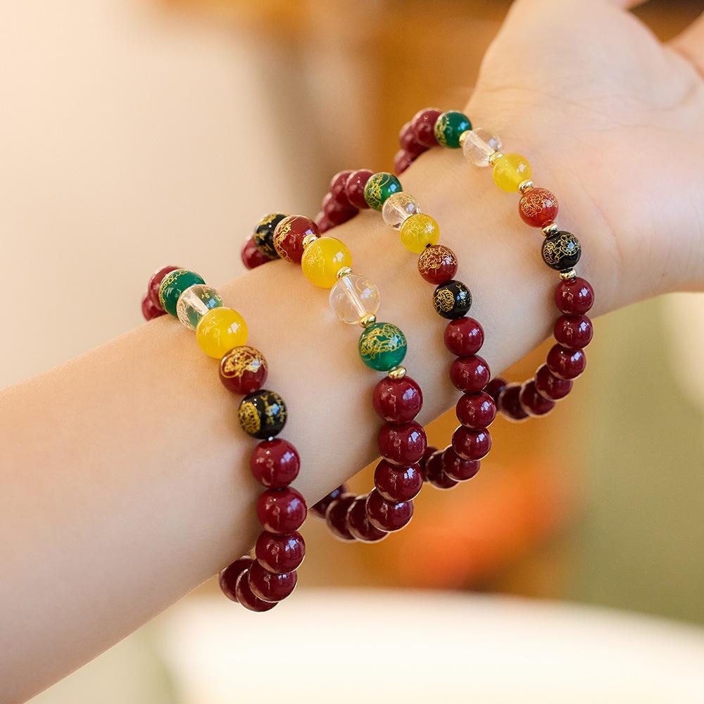 Temple Style Original Natural Cinnabar Bracelet Five-Way Wealth God Purple Gold Sand Zodiac Year Good Luck Bracelet Best Friend Gift