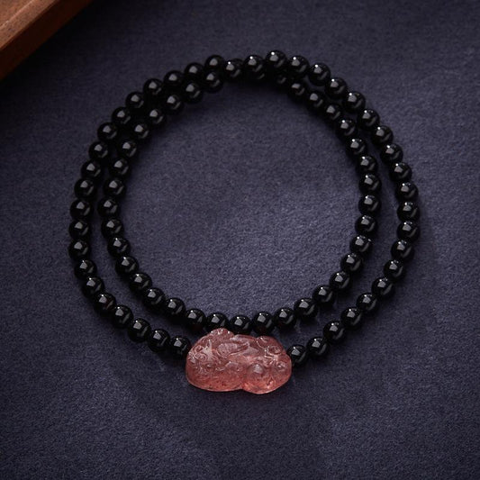 Natural Black Agate Double Circle Bracelet Strawberry Quartz Peach Blossom Girlfriends Beaded Small New Chinese Bracelet