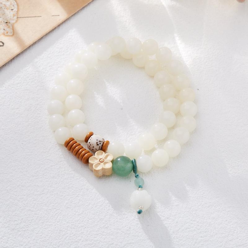 Natural White Jade Bodhi Bracelet Wealth Flower Green Dongling Bodhi Double Circle Cultural Play Bracelet Buddhist Beads Prayer Beads Bracelet
