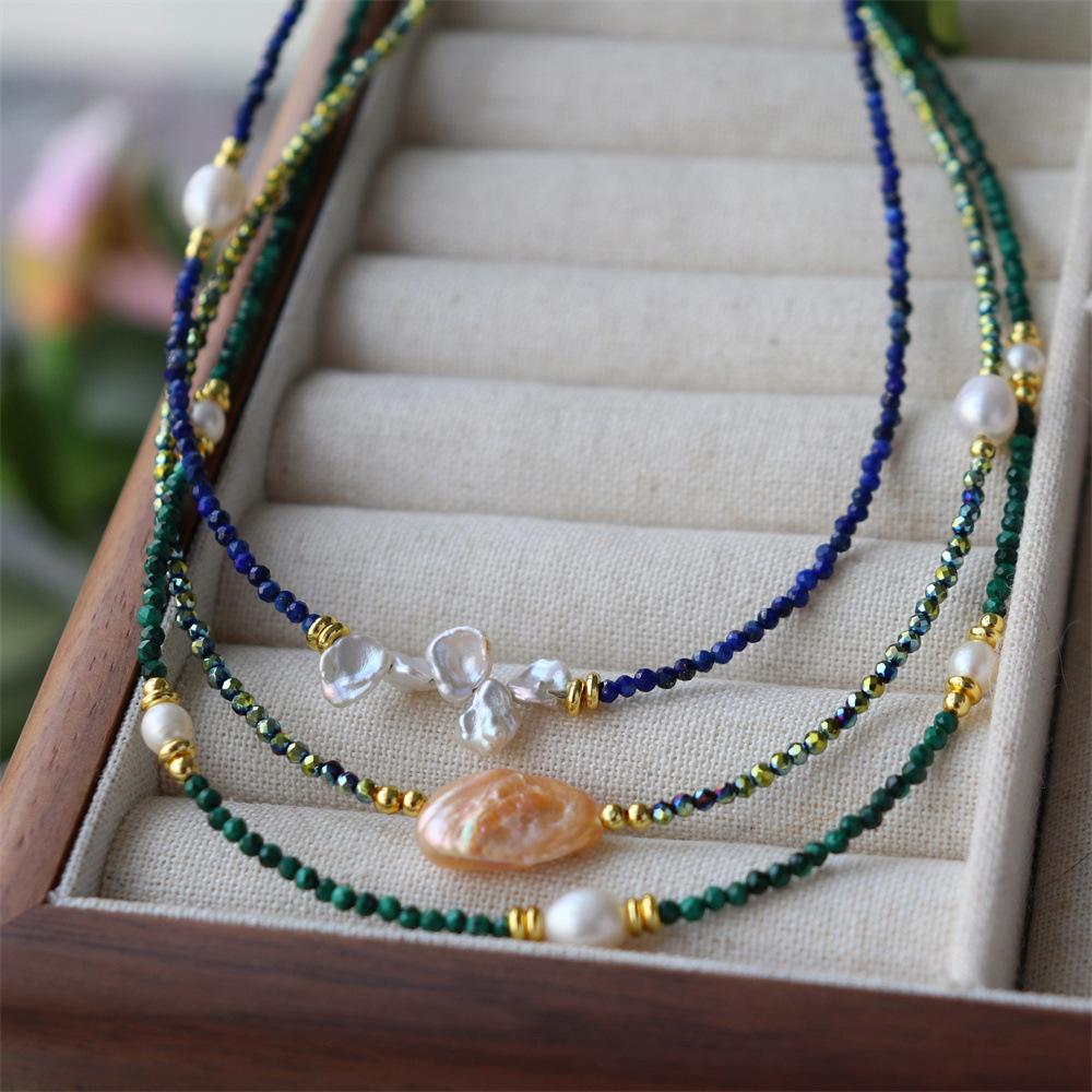 Design Simple Natural Lapis Lazuli Malachite Freshwater Petal Pearl Necklace Ultra-fine Layered Collarbone Chain Necklace