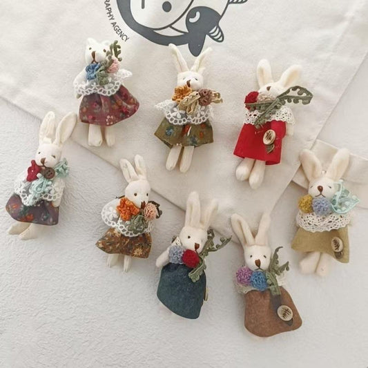 Sweet and Fresh Forest Style Girl Fabric Cartoon Cute Floral Dress with Little Bunny Brooch Accessory