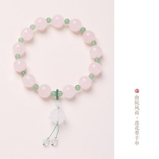 Natural 10MM Rose Quartz Bracelet for Women, Curved Courtyard Style Lotus Pink Crystal Good Luck Lotus Bead Bracelet