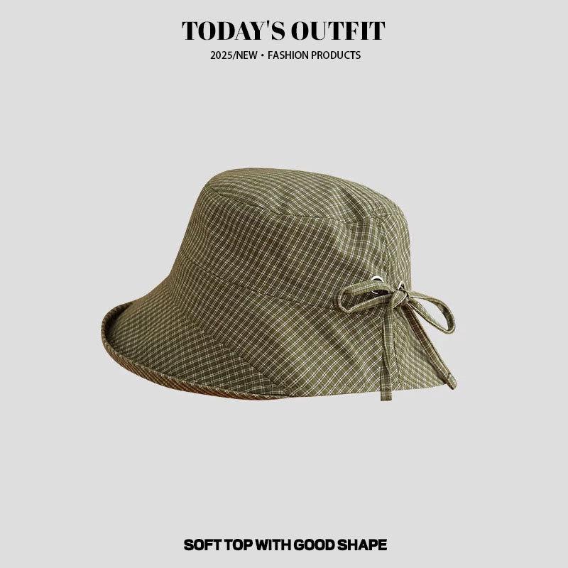 Sweet Navy Blue Plaid Fisherman Hat for Women, New Summer Wide Brim Sunshade Sun Protection Bucket Hat