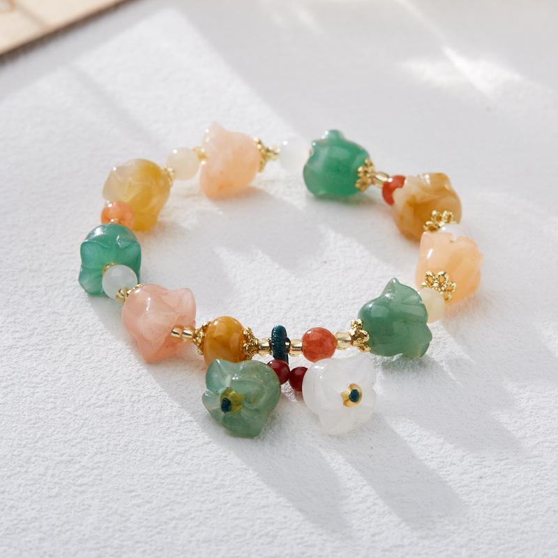 Xinjiang Natural Golden Silk Jade Bracelet for Women, Lily of the Valley Colorful Flower Jade Bracelet, Fashionable Gift for Best Friend