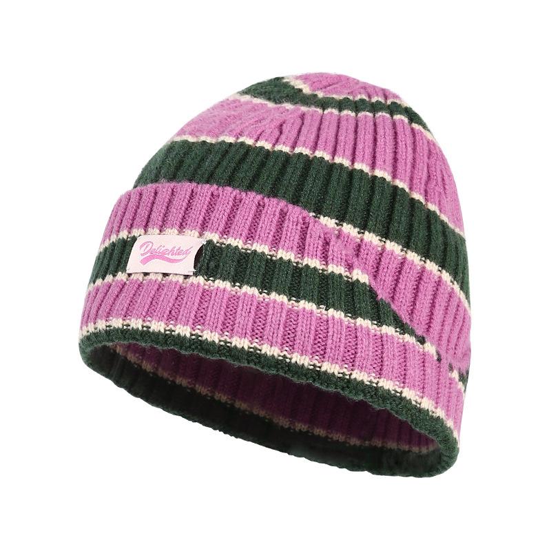 Autumn Winter Color-Block Knitted Hat for Women Outdoor Warm Versatile Wool Hat Trendy Cool Beanie Large Head Circumference Hat