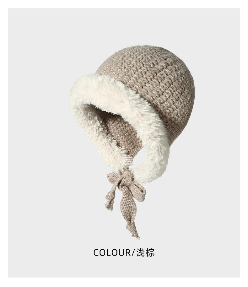 Autumn Winter Fluffy Ear Protection Knitted Hat for Women Large Head Circumference Cold-Proof Warm Wool Hat Color-Block Tie Head Wrap Hat