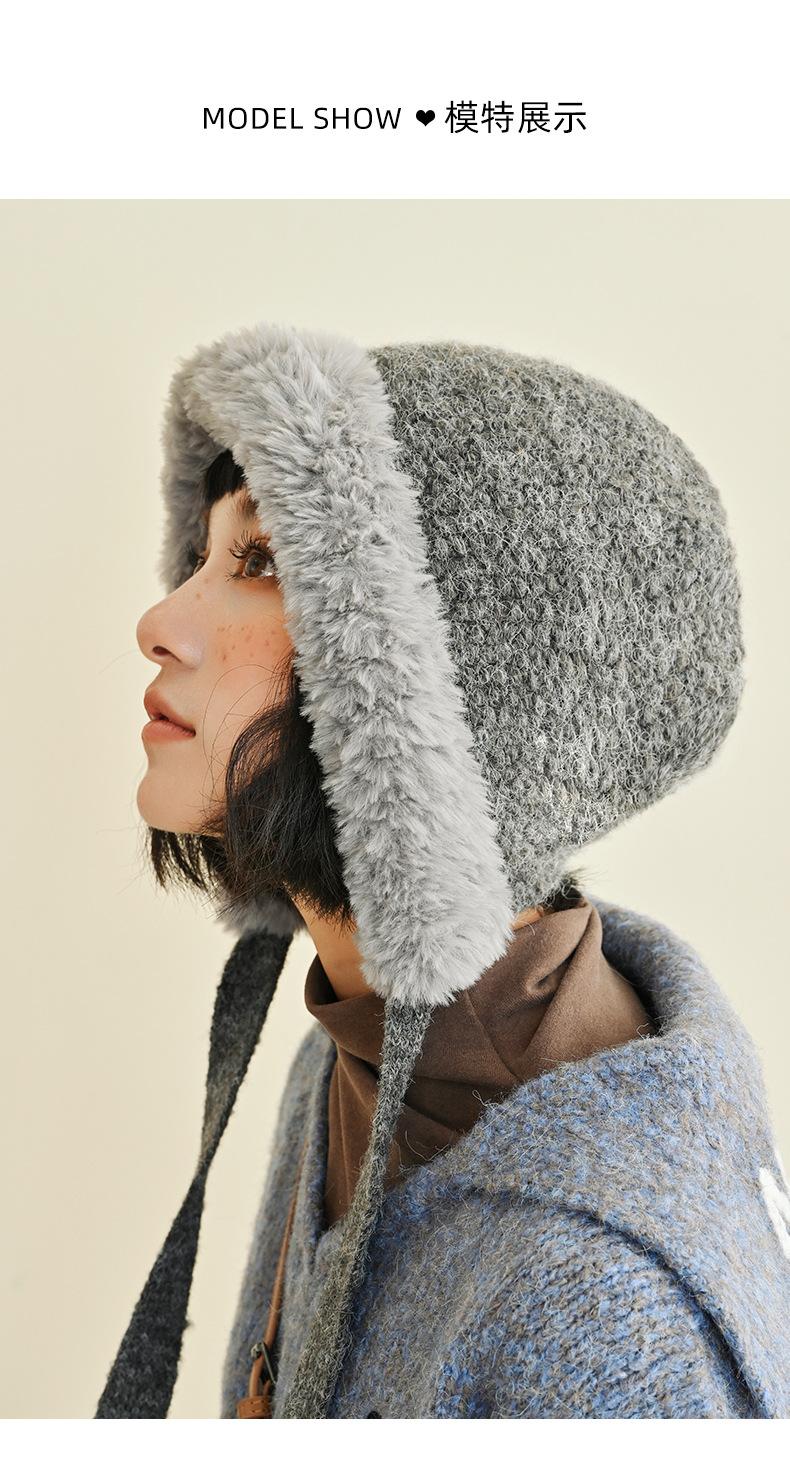 Autumn Winter Fluffy Ear Protection Knitted Hat for Women Large Head Circumference Cold-Proof Warm Wool Hat Color-Block Tie Head Wrap Hat
