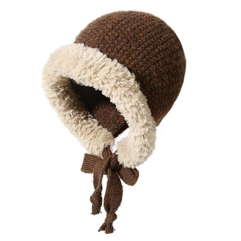 Autumn Winter Fluffy Ear Protection Knitted Hat for Women Large Head Circumference Cold-Proof Warm Wool Hat Color-Block Tie Head Wrap Hat