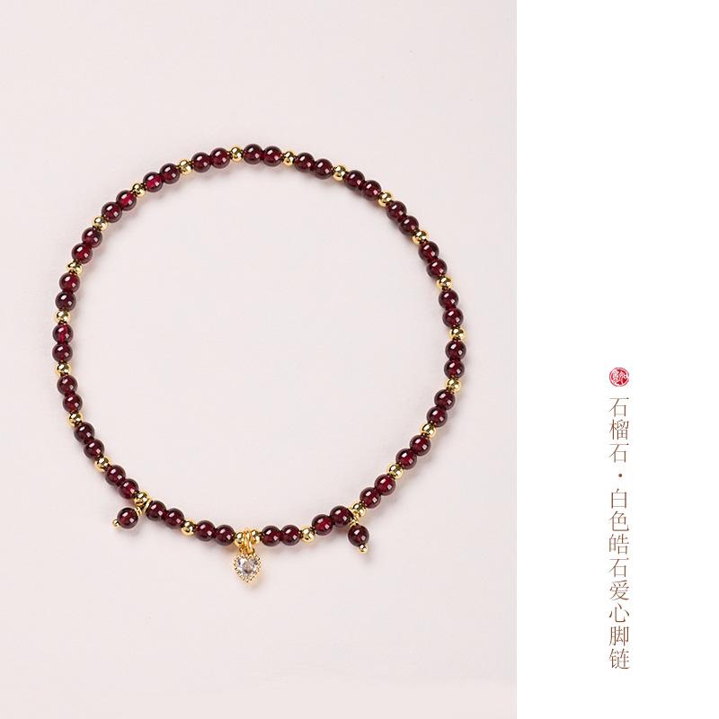 Natural 4MM Garnet Anklet for Women with Leaf and Heart Design, New Chinese Style, High-End Crystal Anklet