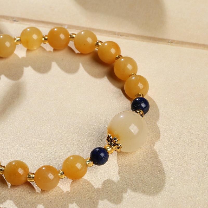 Natural Xinjiang Golden Silk Jade Yellow Bracelet Best Friend Gift Small Gourd Tassel Women's Round Bead Jade Bracelet