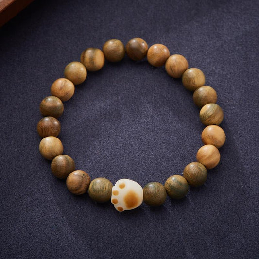 Natural 8MM Green Sandalwood Bracelet Charcoal Burnt Bodhi Cat Paw Design Style Cultural Play Bracelet for Men and Women