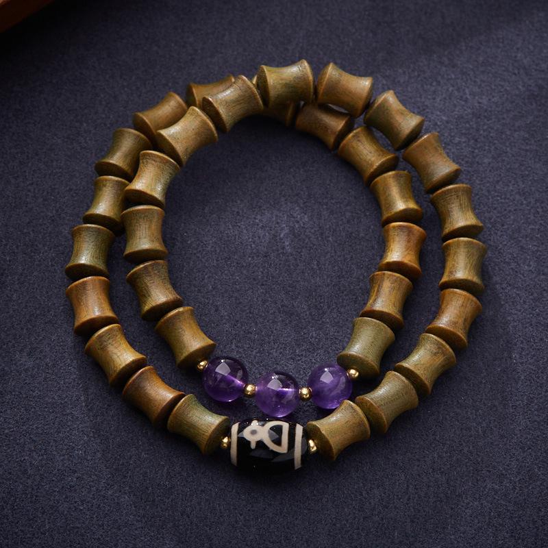 Natural Green Sandalwood Bamboo Knot Bracelet Nine Purple Fire Luck Bracelet for Women Tibetan Style Dzi Bead High-end Crystal Bracelet