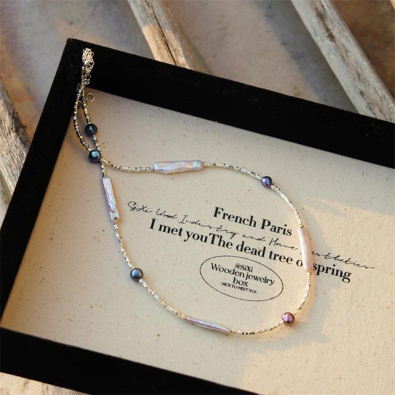 Elegant Design Light Luxury Minimalist Style Broken Silver Irregular Freshwater Pearl Small Silver Bar Handmade Beaded Necklace