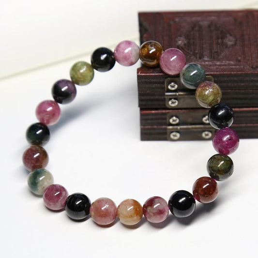 Natural Tourmaline Bracelet for Women Tourmaline Round Beads Rainbow Color Single Circle Bracelet Crystal Jewelry Round Beads Best Friend Gift