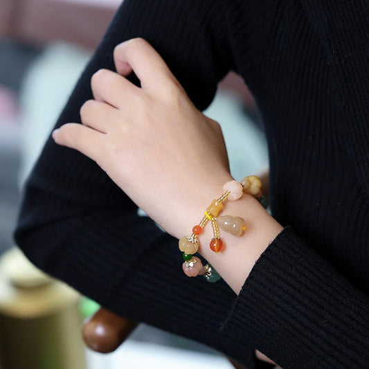 Natural Xinjiang Golden Silk Jade Bracelet for Best Friends and Couples, Ethnic Style Pumpkin Beads, Bamboo Knot, Straight Hole Gourd Jade Bracelet