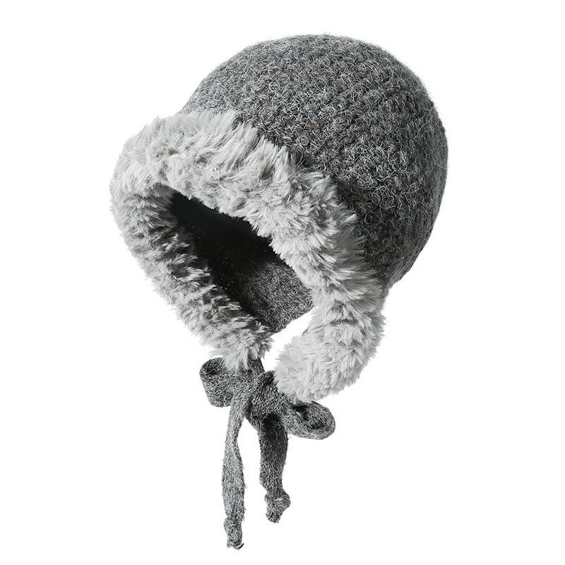 Autumn Winter Fluffy Ear Protection Knitted Hat for Women Large Head Circumference Cold-Proof Warm Wool Hat Color-Block Tie Head Wrap Hat