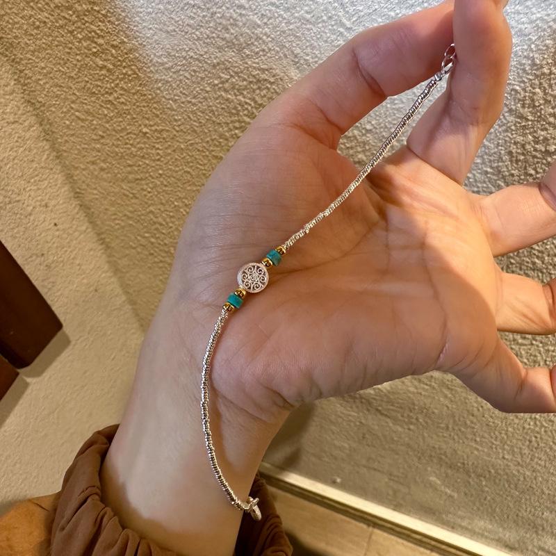 925 Sterling Silver Bracelet Pure Silver Turquoise Compass Coiled Fortune Pendant Handmade Woven Ethnic Style
