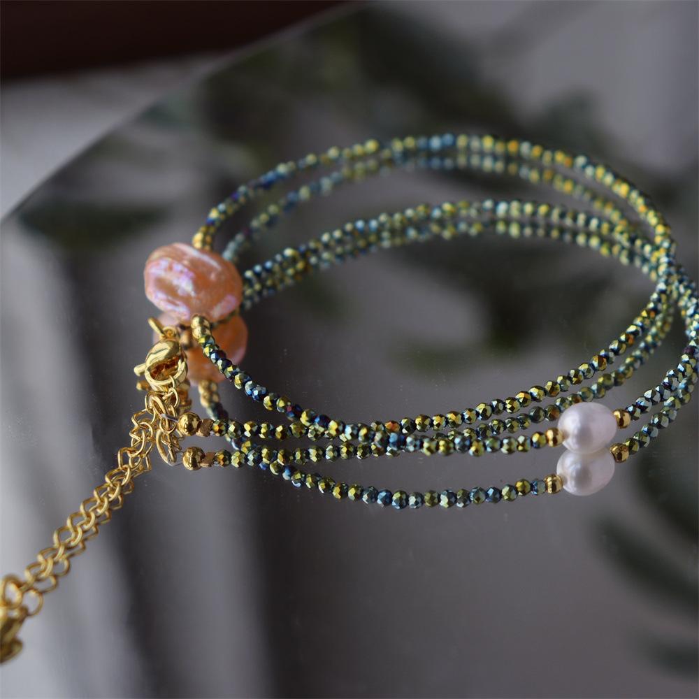 Design Simple Natural Lapis Lazuli Malachite Freshwater Petal Pearl Necklace Ultra-fine Layered Collarbone Chain Necklace