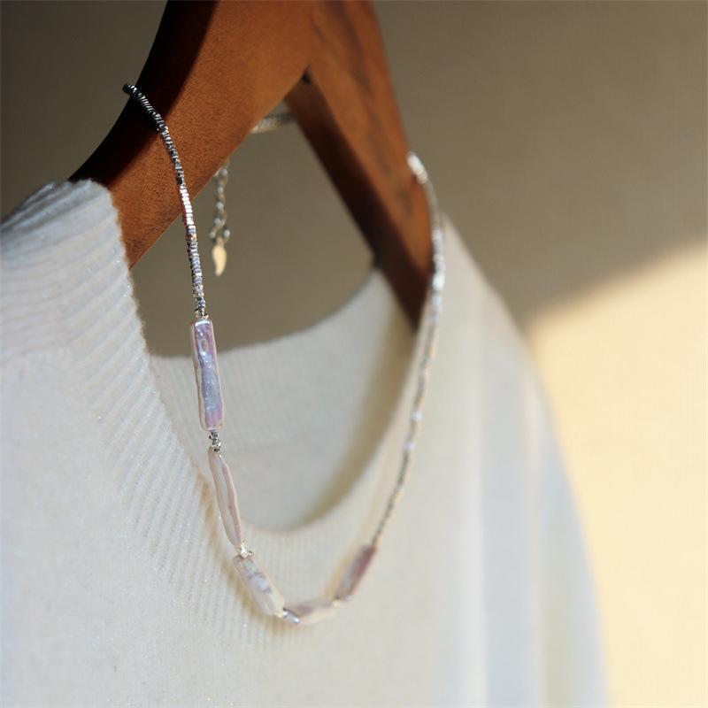 Elegant Design Light Luxury Minimalist Style Broken Silver Irregular Freshwater Pearl Small Silver Bar Handmade Beaded Necklace