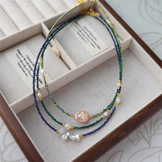 Design Simple Natural Lapis Lazuli Malachite Freshwater Petal Pearl Necklace Ultra-fine Layered Collarbone Chain Necklace