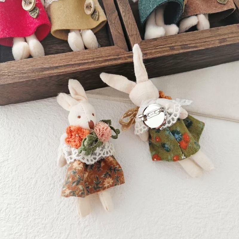 Sweet and Fresh Forest Style Girl Fabric Cartoon Cute Floral Dress with Little Bunny Brooch Accessory