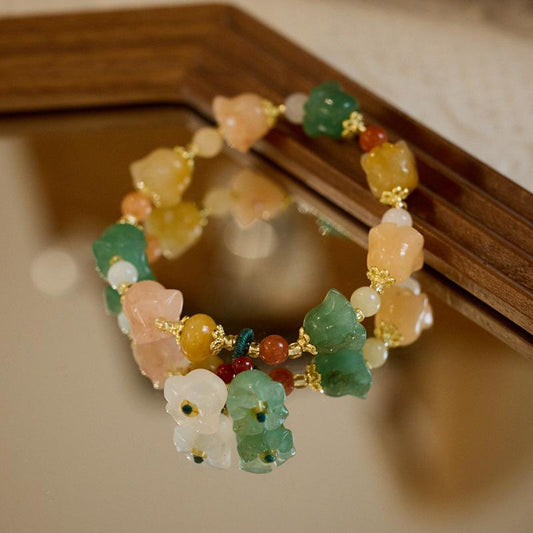 Xinjiang Natural Golden Silk Jade Bracelet for Women, Lily of the Valley Colorful Flower Jade Bracelet, Fashionable Gift for Best Friend
